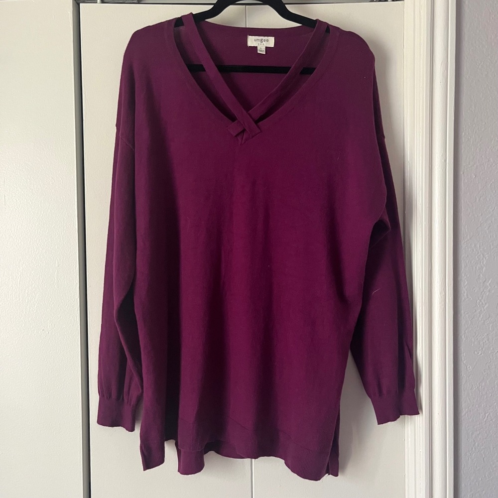 Umgee Women's Purple V-Neck Long Sleeve‎ Tunic Top Sweater Size L